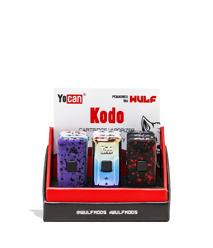 Front opened Wulf Mods Kodo Cartridge Vaporizer 9pk opened with card on white background