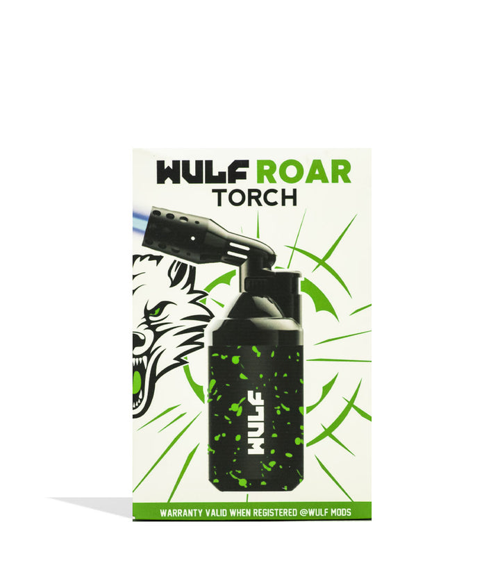 Black Green Spatter Wulf Mods Roar Butane Torch 9pk Packaging Front View on White Background