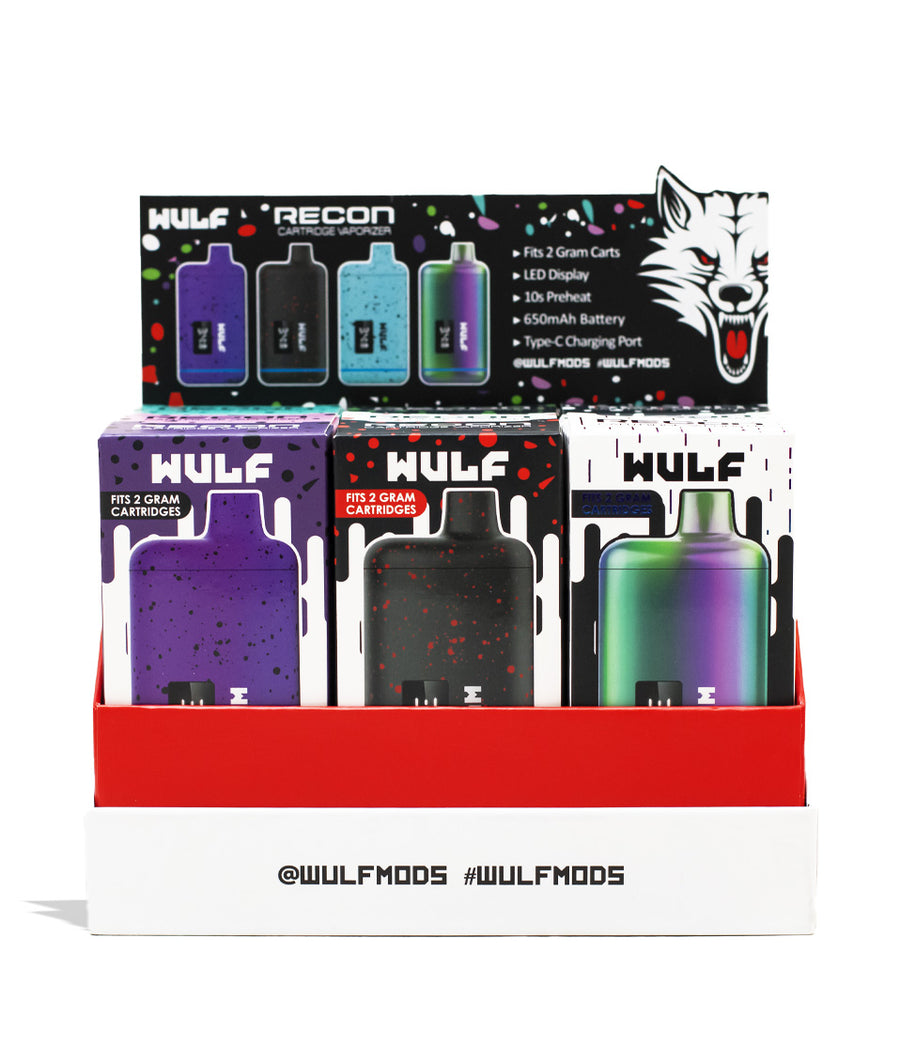 Assorted Wulf Mods Recon Cartridge Vaporizer 9pk Open front view on white background
