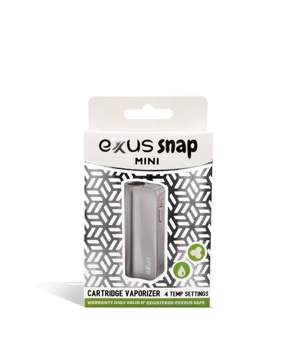 Silver Tech packaging Exxus Vape Snap VV Mini Cartridge Vaporizer on white studio background